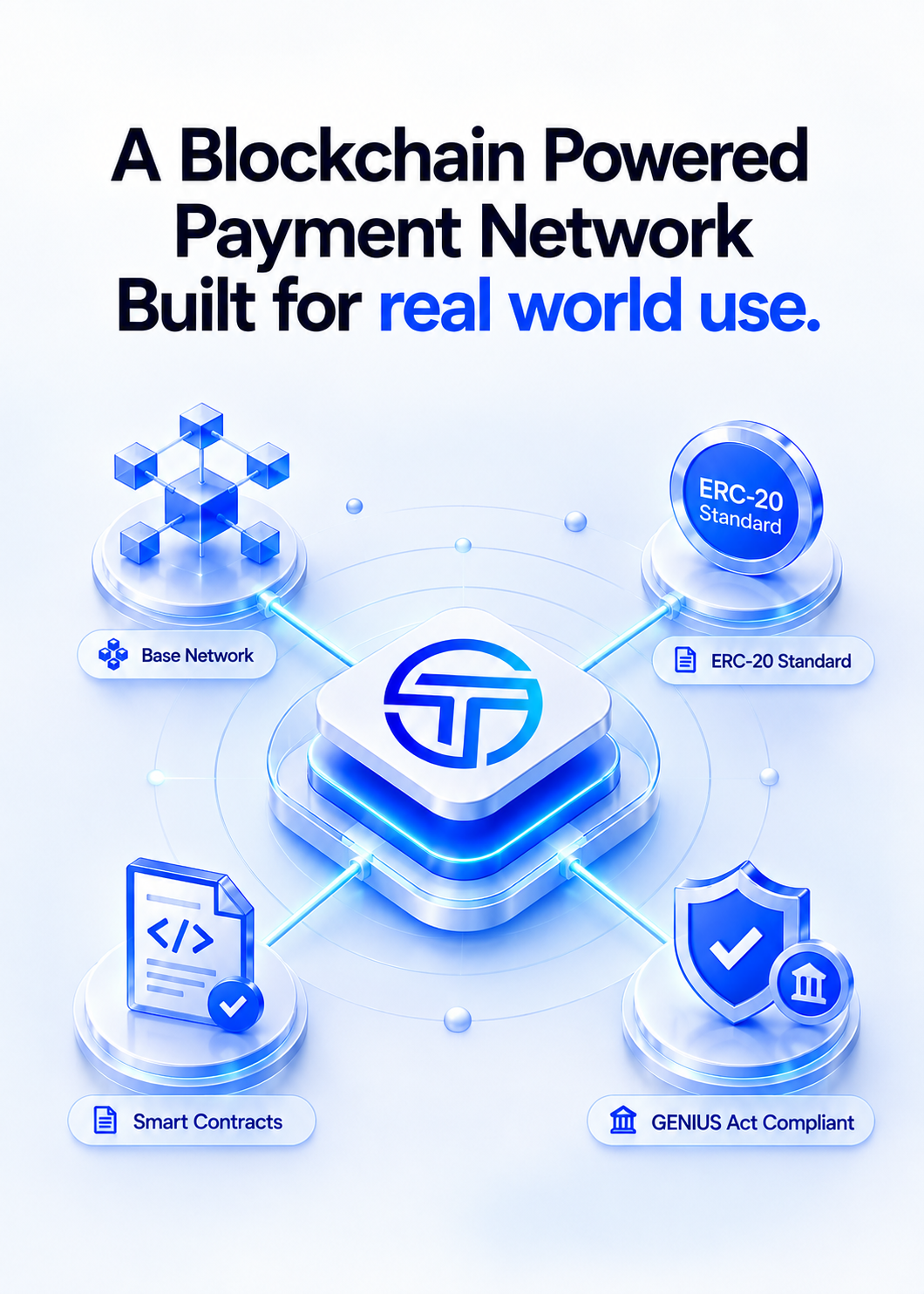 A blockchain-powered network built for real world use — Base network, ERC-20 standard, smart contracts and GENIUS Act compliance