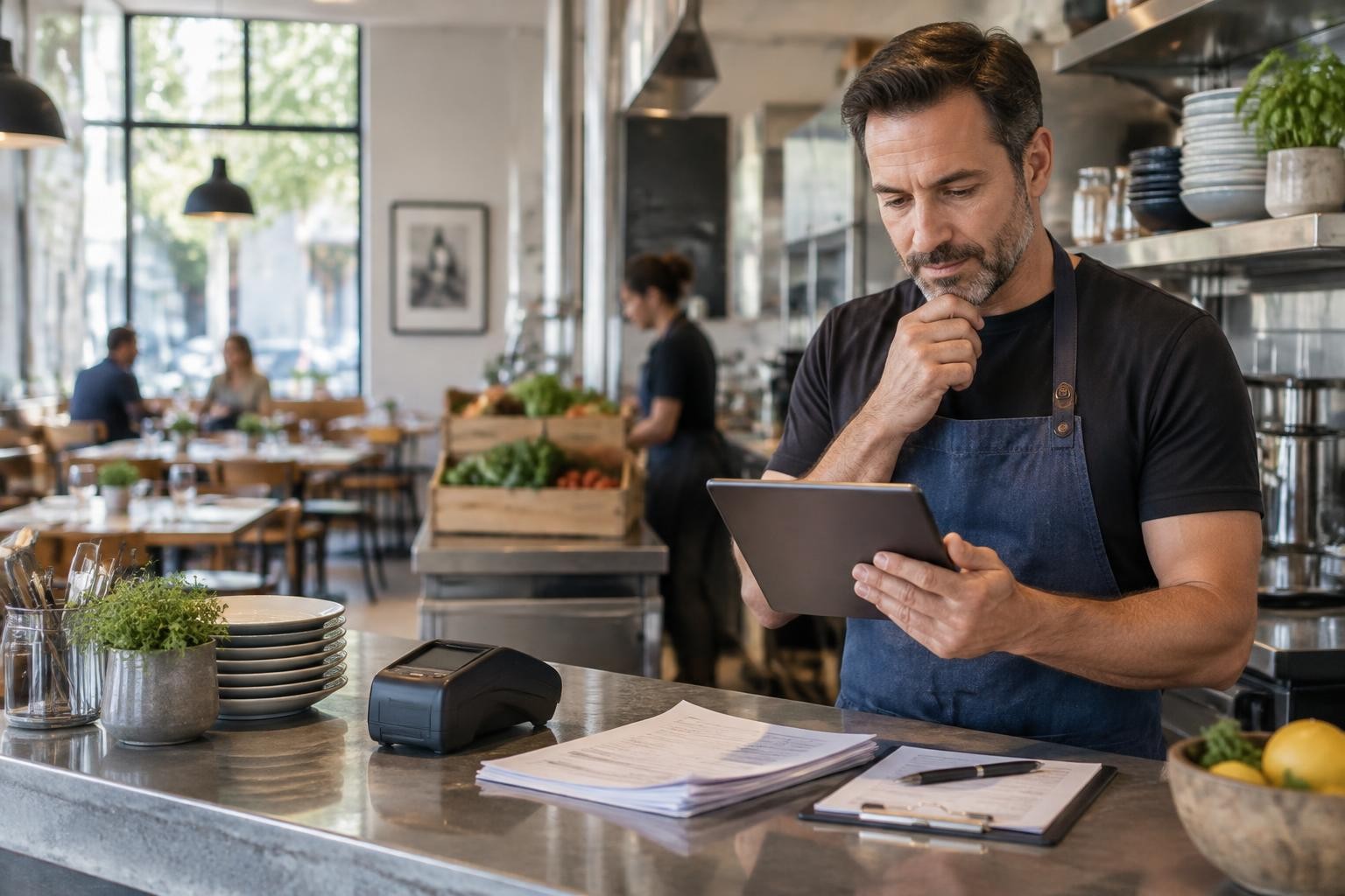 A restaurant owner reviewing payments on a tablet beside a card terminal and supplier invoices
